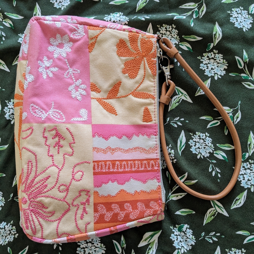 Talbots Floral Pink and Orange Patchwork Wristlet Clutch